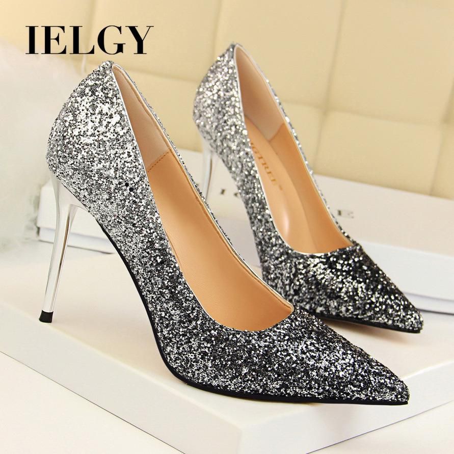 IELGY Pumps sexy 9.5cm stiletto heel fashion gradient sequin pointed women's shoes