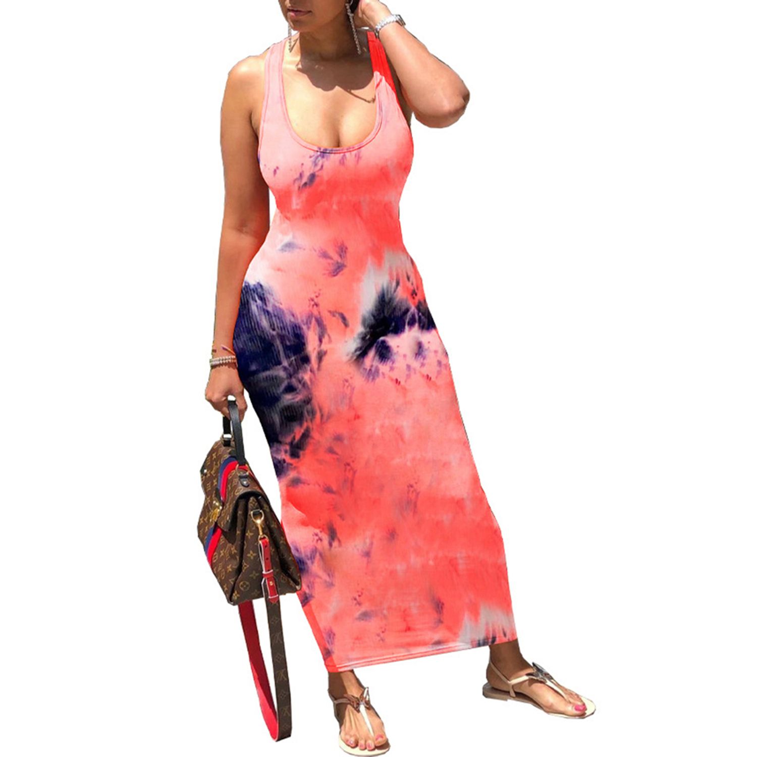Women Tie Dye Sheath Print Dress, U-shaped Neck Lace Up Back Maxi Dress Summer Hollow-out Clothes