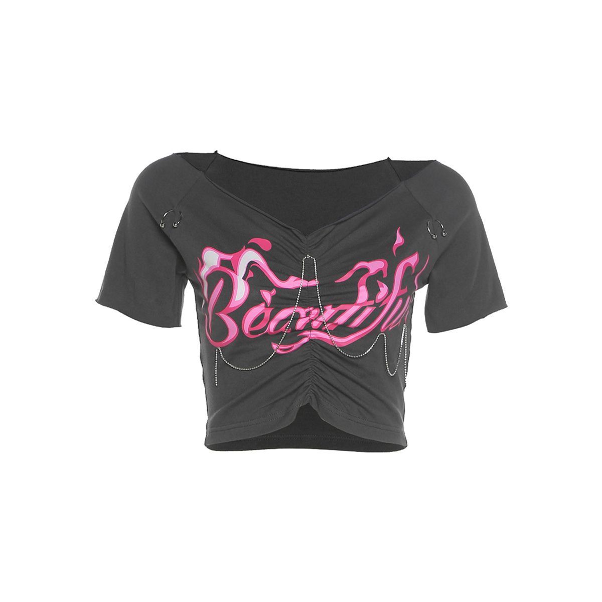 Women's Off Shoulder Crop Tops, Ruched Short Sleeve Letter Print T-Shirts with Chain