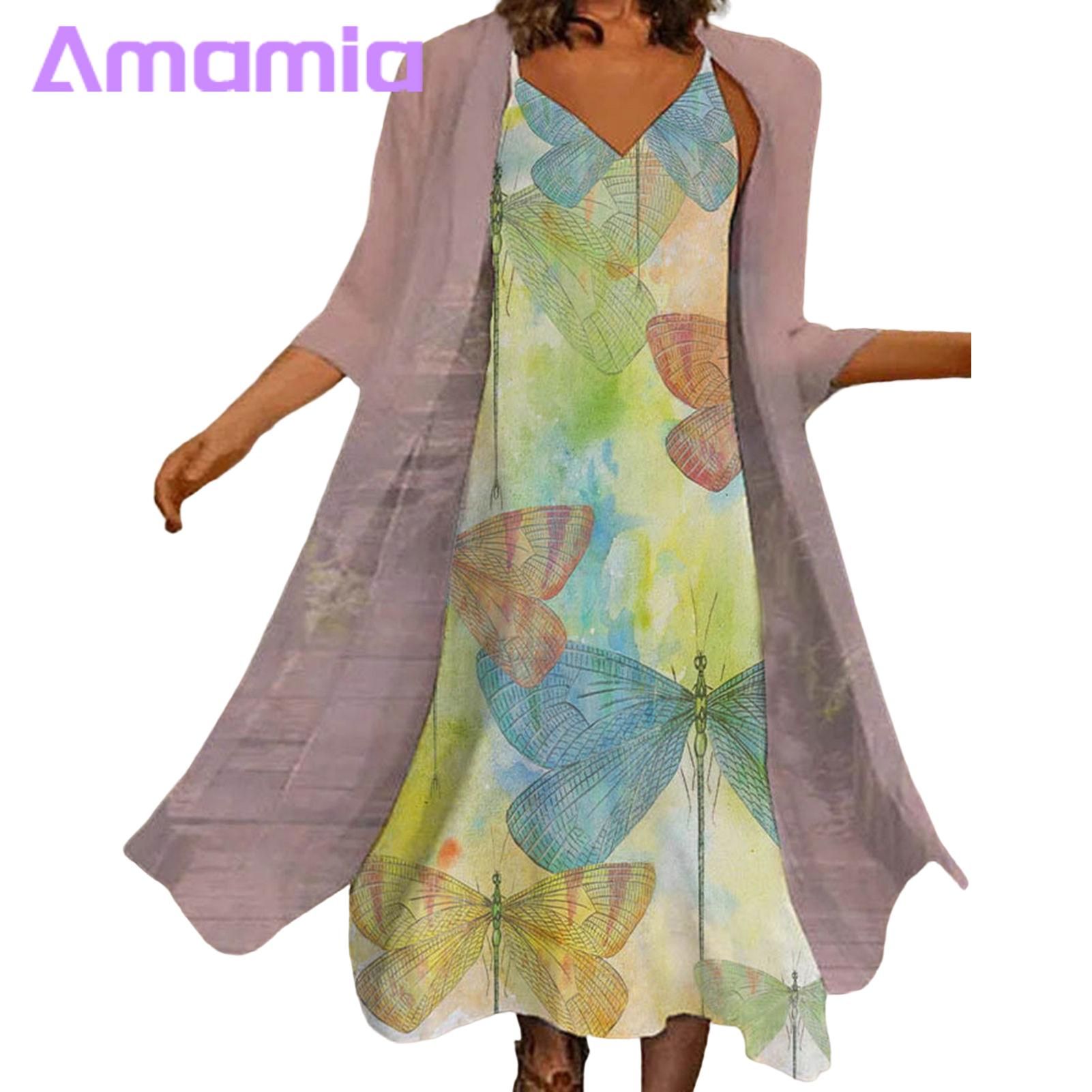 Amamia Women Dress Set Breathable d-calf Length Lady Dress Set