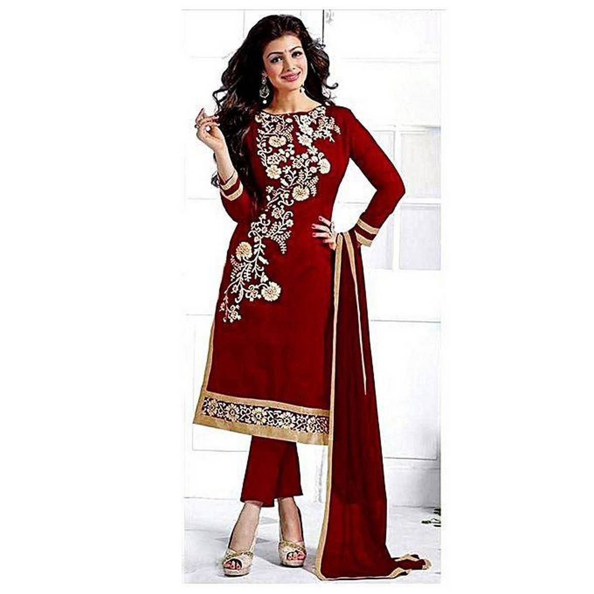 Unstitched Maroon Cotton Salwar Kameez