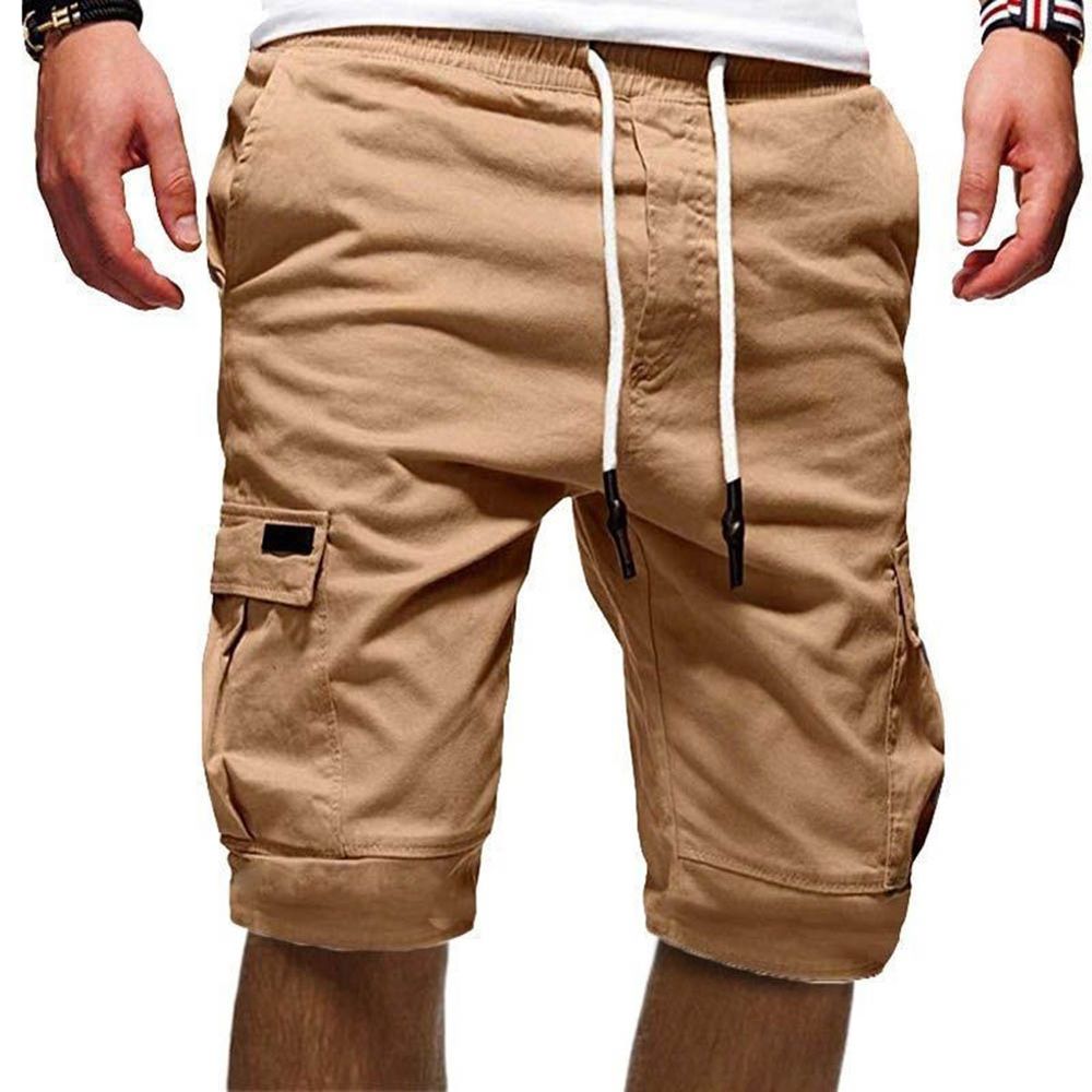 Summer Casual Men Solid Color Cargo Shorts Multi-Pockets Drawstring Fifth Pants