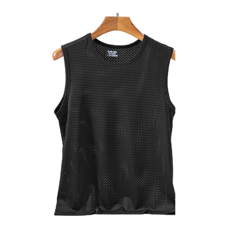 Summer Men Mesh Hole T-shirt Breathable Ice Silk Vest Sleeveless T Shirts Polyester Quick-Drying Tops Casual Outer Wear Clothes