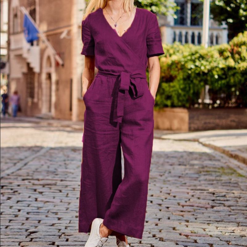 New Summer fashion and simple Women's short sleeve casual V-neck pocket jumpsuit short sleeve wide leg loose jumpsuit-intl