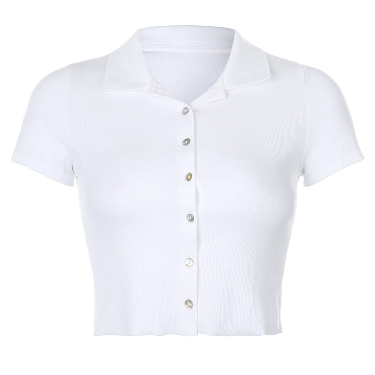 Women's Sexy Crop Top, Short Sleeve Lapel Button Down Slim Fit Knitted T Shirt for Summer