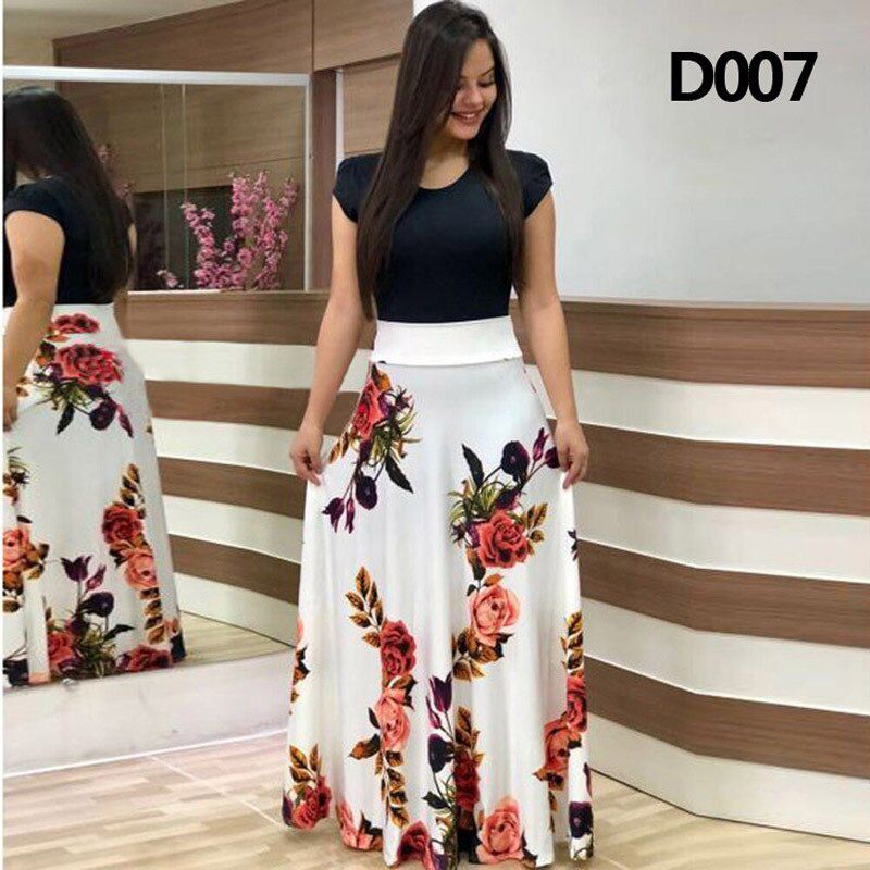 Women Polka Dot Print Patchwork Long Dress Summer Casual Short Sleeve O-Neck High Waist Robe Boho Beach Maxi Sundress Vintage