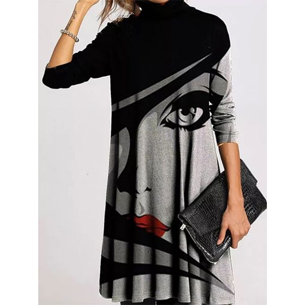 2021 Winter Turtleneck Warm Vintage Print Dress Women Autumn Elegant Long Sleeves Patchwork Dresses Female Casual Loose Vestidos