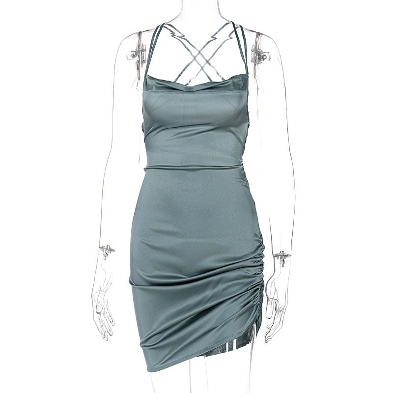 Dulzura Satin Women Strap Mini Dress Ruched Lace Up Cross Bandage Backless Bodycon  Party Elegant 2020 Club ChristSlim