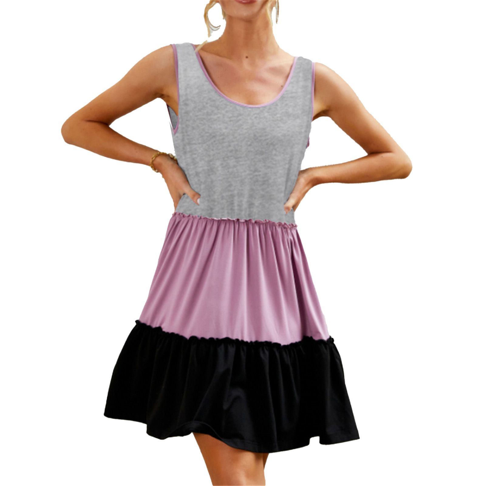Women Dress Three-color Contrast Shoulder Strap Summer Patchwork Pocket Pleated Hem Dress for Beach