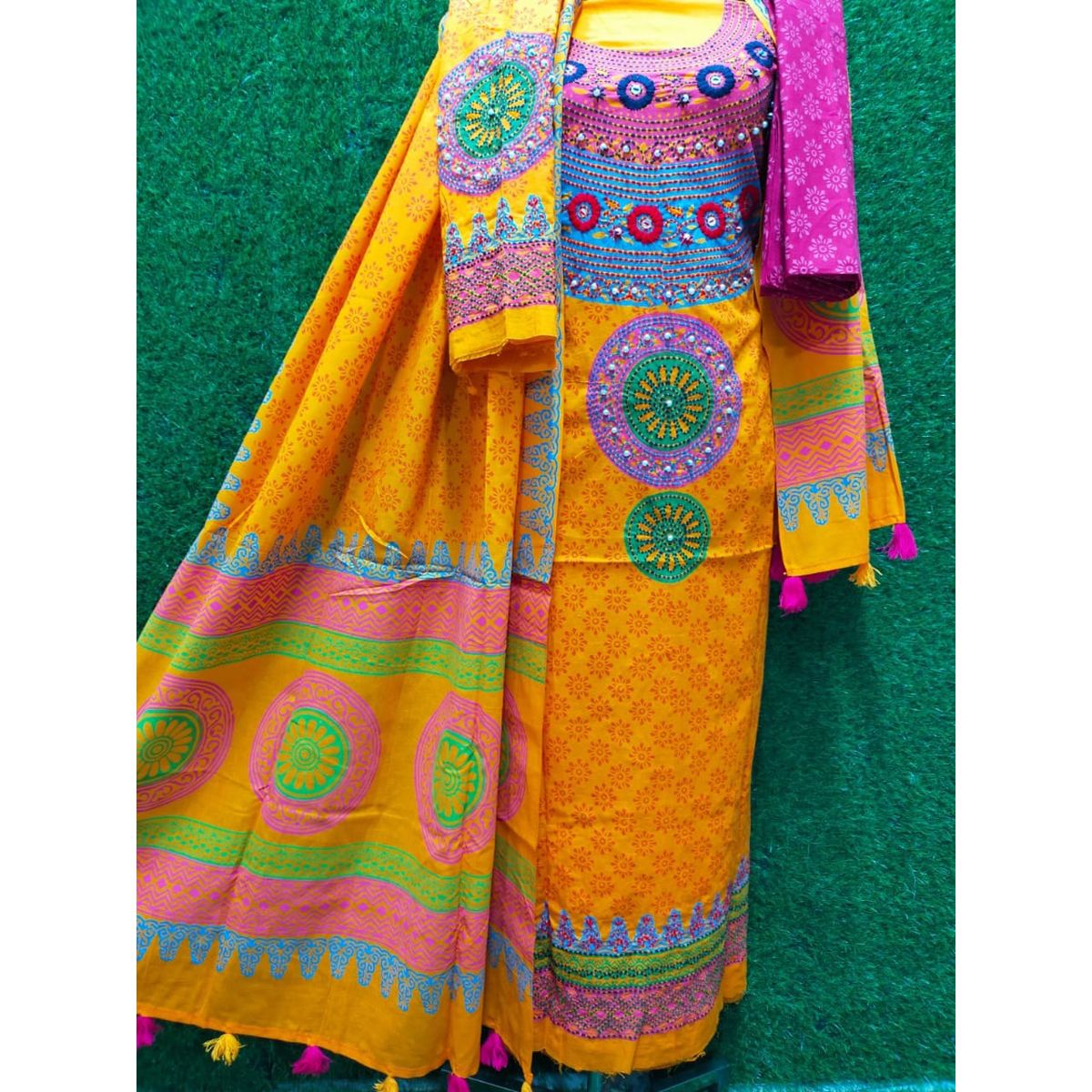 China Voil Block Print Three Piece with Hand work