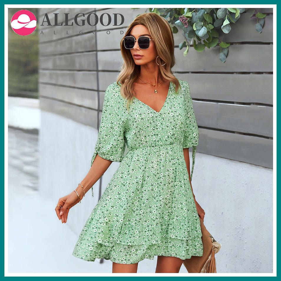 Ladies Vintage Floral Print Short Summer Dress Women Casual V Neck Ruffles Party Beach Mini Dress Women Sundress Vestidos Female