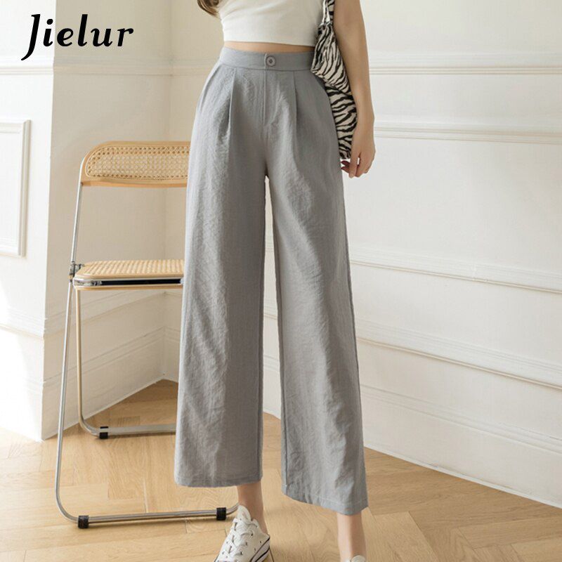 Jielur Fashion Wide Leg Pants Women Cotton Linen High Waist Pants Solid Color Pockets Black Khaki Trousers S-XXL Spring