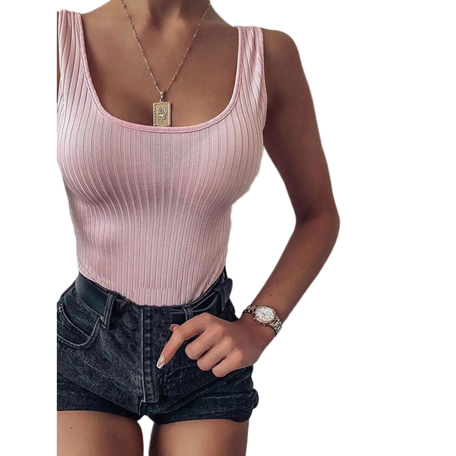 Women's Basic Ribbed Knit Tank Top,  Spaghetti Strap Sleeveless Camisole Vest Tops