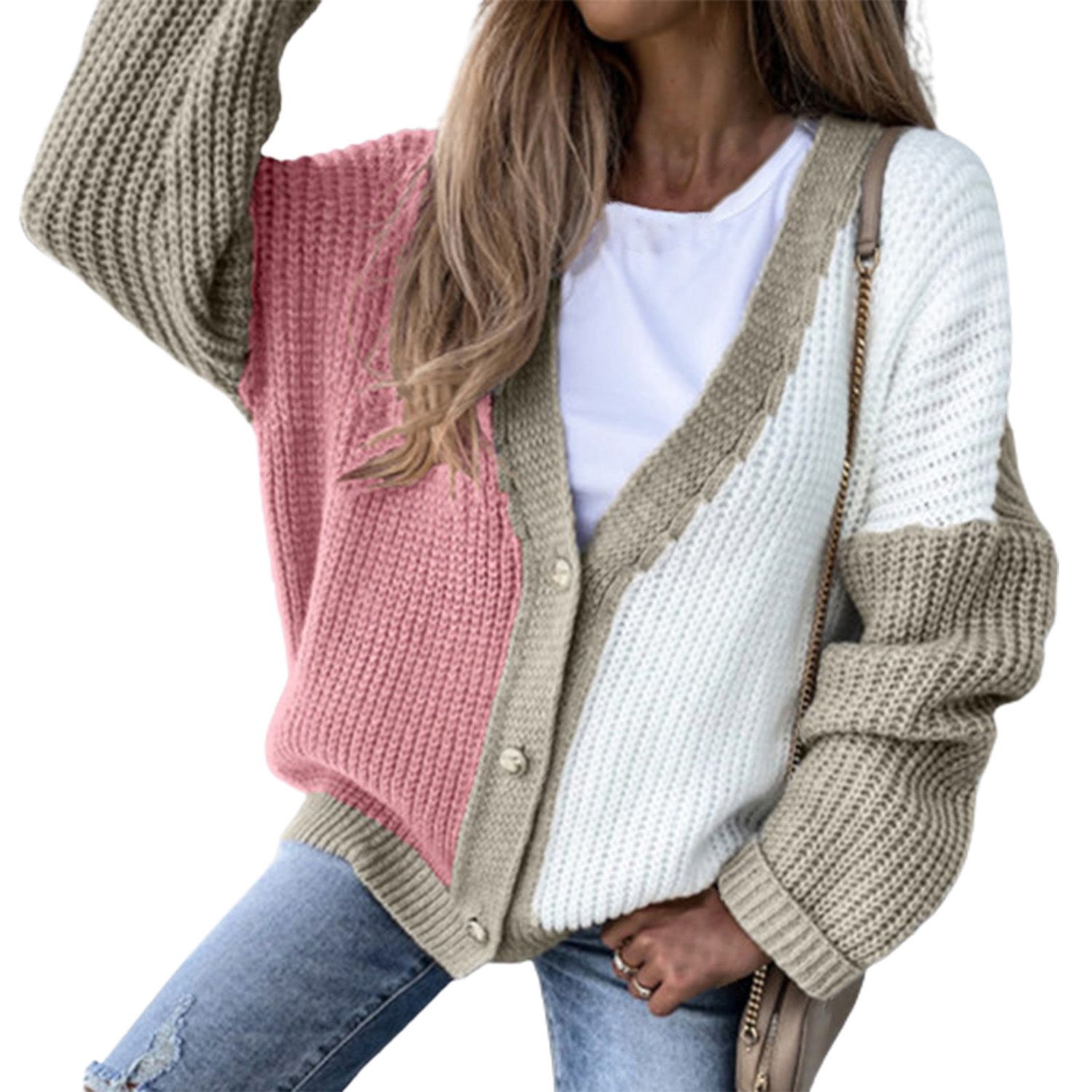 Knitted t Elastic Color Block Patchwork Sweater Cardigan