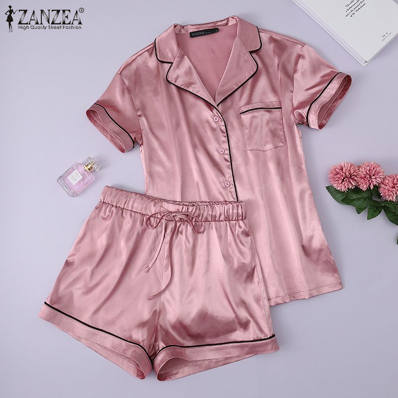 Women Loose Button Collared Shirt Elastic Waist Shorts Pajama Set Home Sleepwear