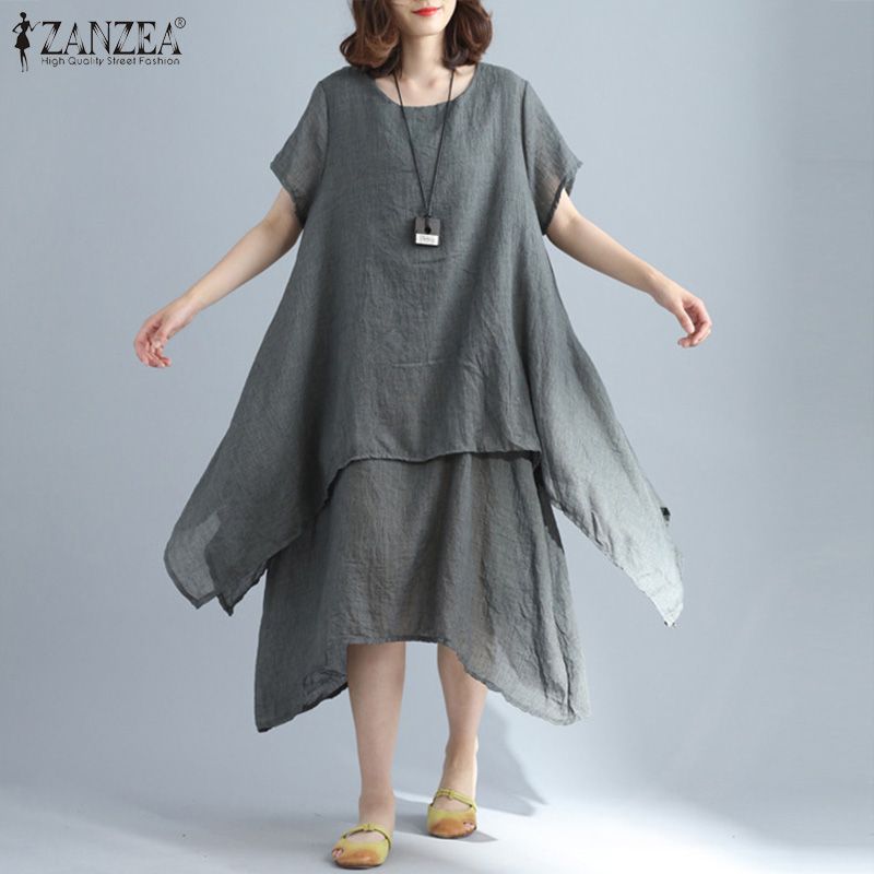 Womens Retro Short Sleeve Layered Sundress Flare Swing Long Midi Dress Plus Size