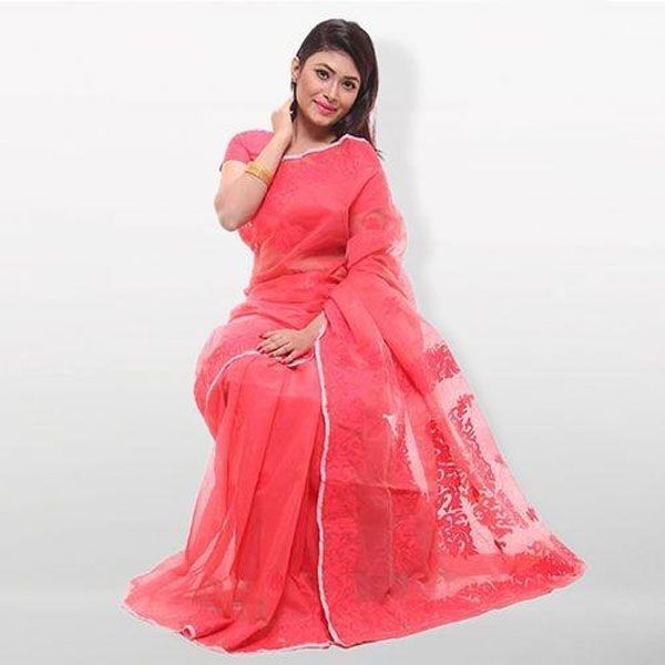 Hot Pink Pure Musleen Silk With Hand Embroidery Saree For Women