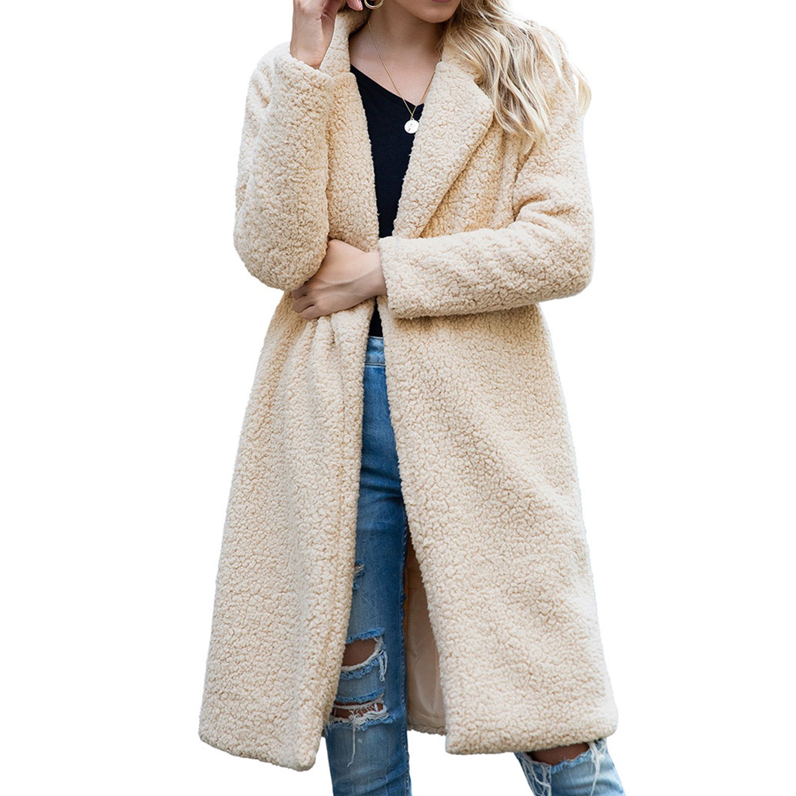 Winter Women Faux Fleece Long Sleeve Warm Coat Cardigan Knee-length Overcoat