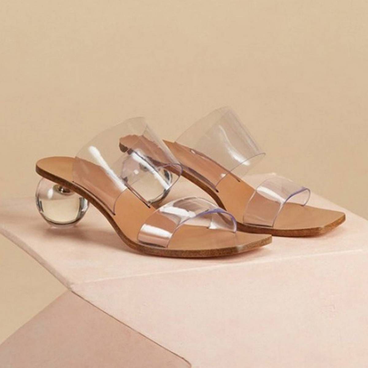 Women Slipper Summer Crystal Heel Beach Slippers Transparent Square Toe Shoes