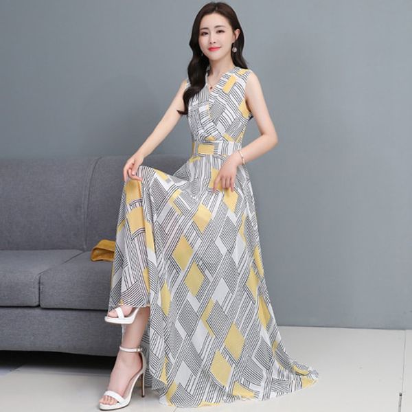 2021 Summer Beach Dress for Women Slim Show Body Tament V-neck Sleeveless Women Dress Waist Chiffon Plaid Maxi Party Dress
