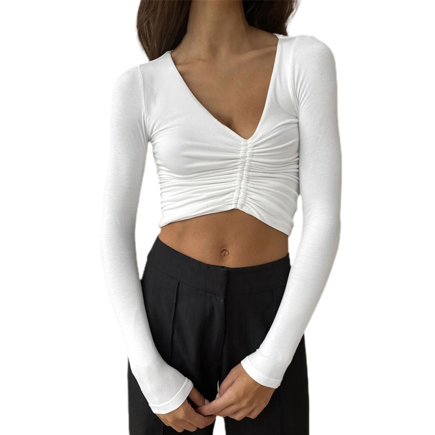 Women Solid Color Crop Tops Long Sleeve Irregular Drawstring T-Shirt Spring Autumn V-Neck Slim Fit Tops