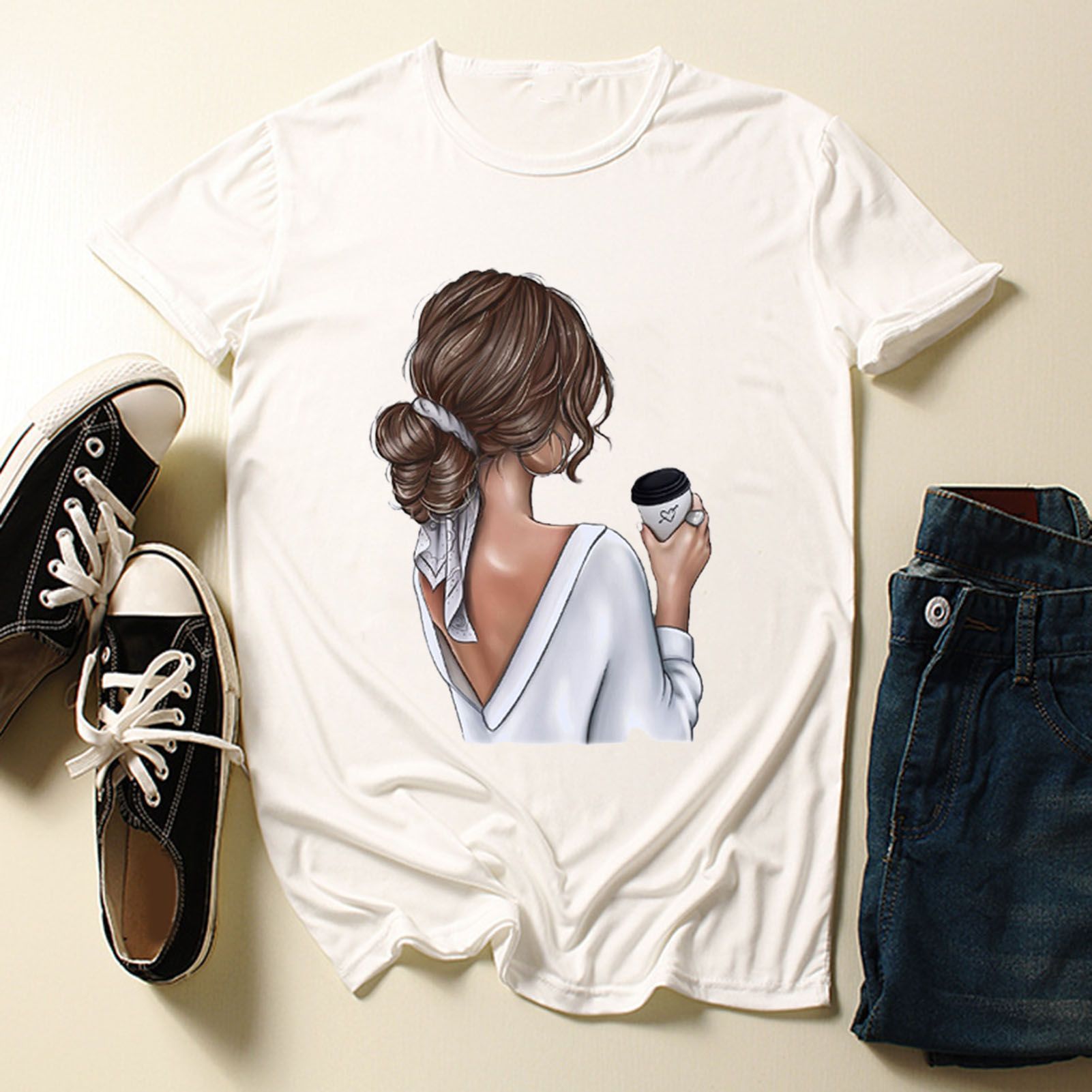 Casual T-shirt Breathable Simple Trendy Print Female T-Shirt