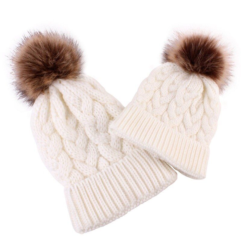 Korean Winter Beanies For Baby Or Mom Wool Knitted Warm Thicken Caps Parent-Child Fashion Luxury Raccoon Fur Caps