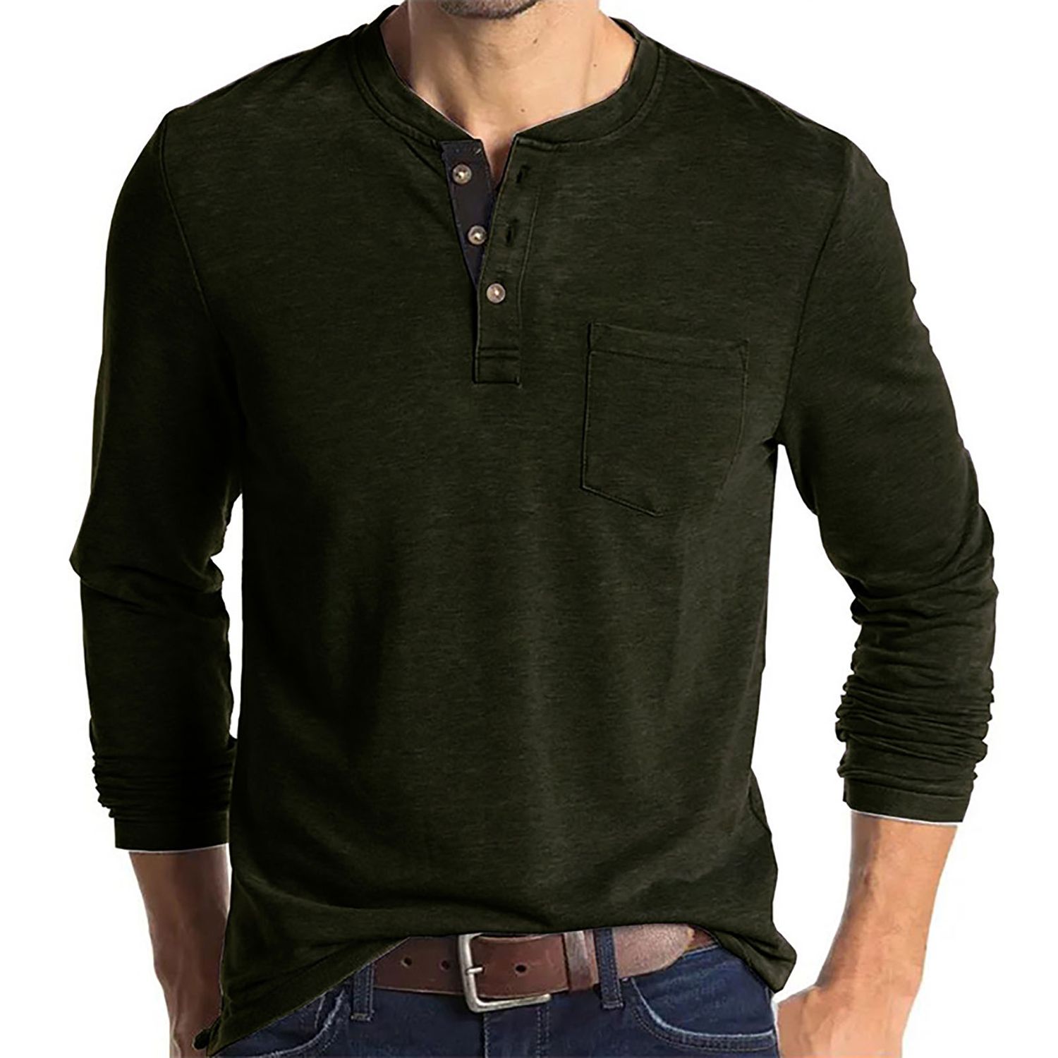 Men Shirt Stretchy Buttons Neck Solid Color Pullover Top
