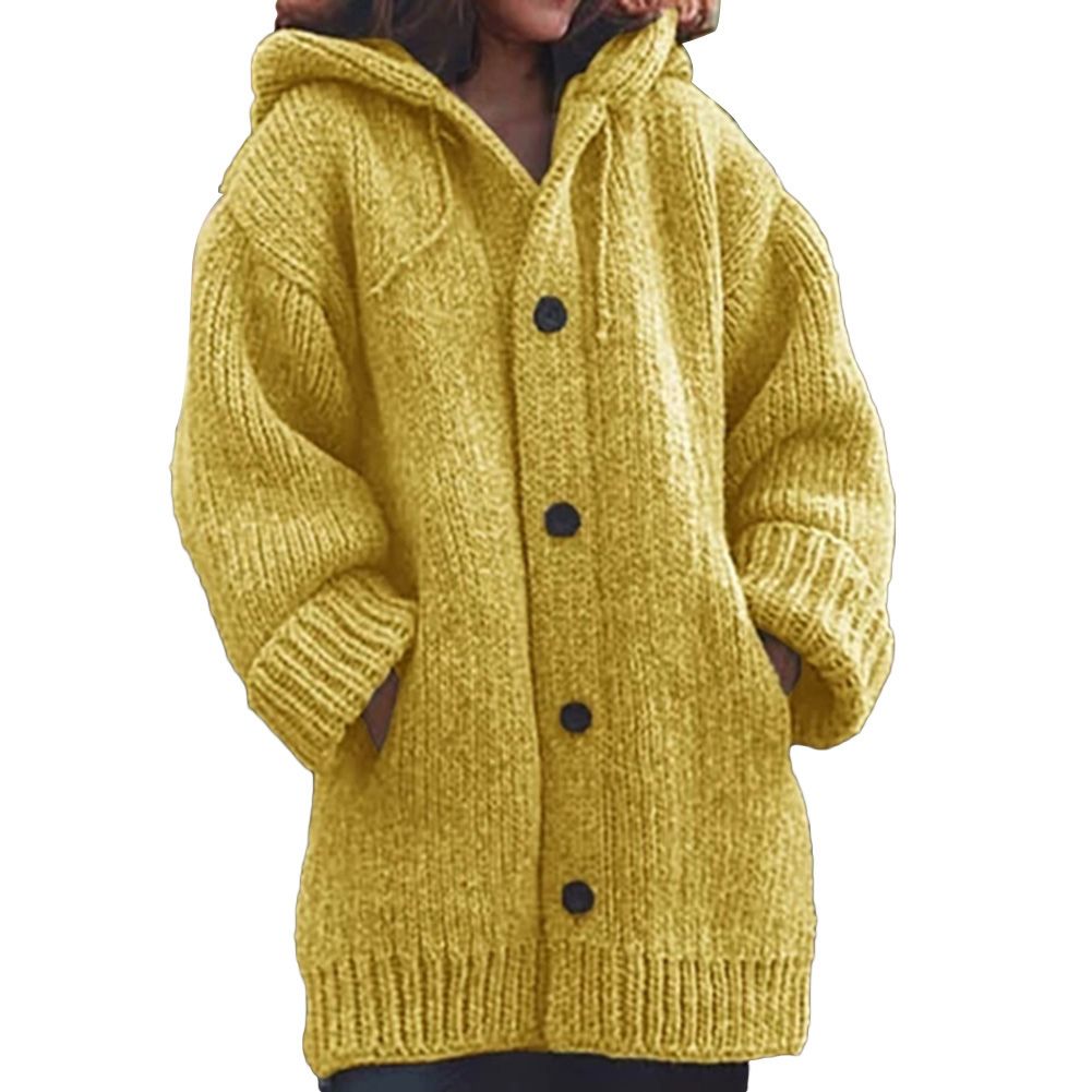 Women Solid Color Pocket Button Hooded Knitted Cardigan Sweater Outwear Coat