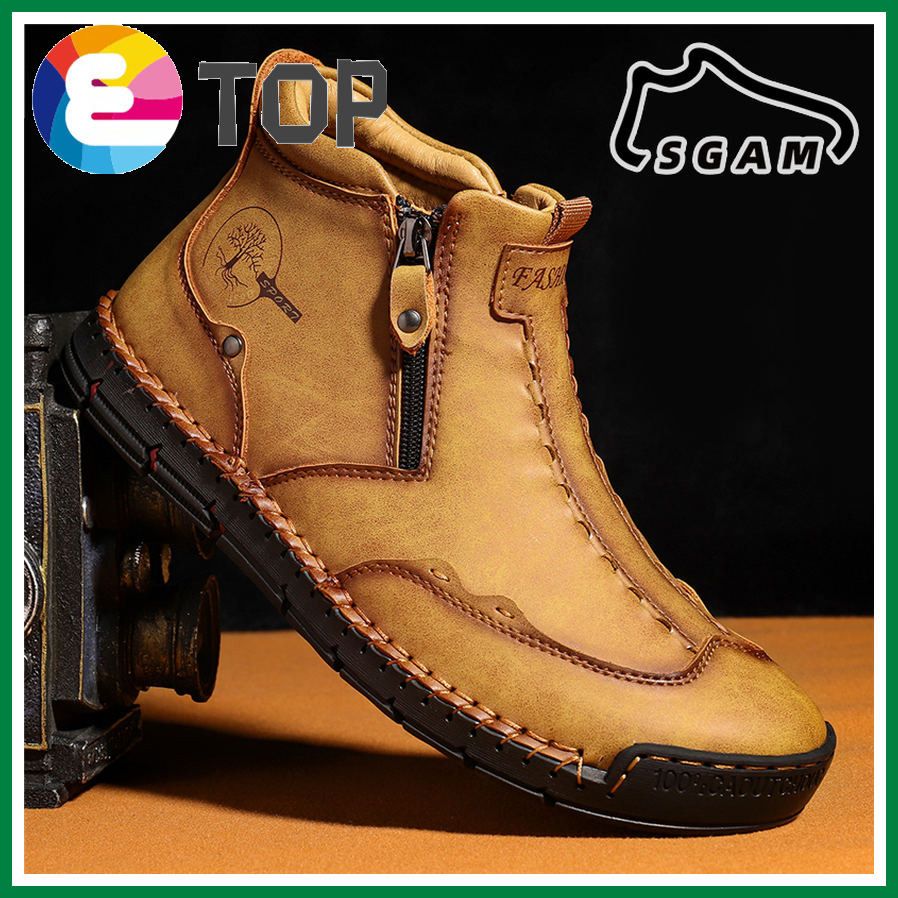 Men's Hand Stitching Leather Casual Shoes Loafers Ankle Boots Hiking Sneakers