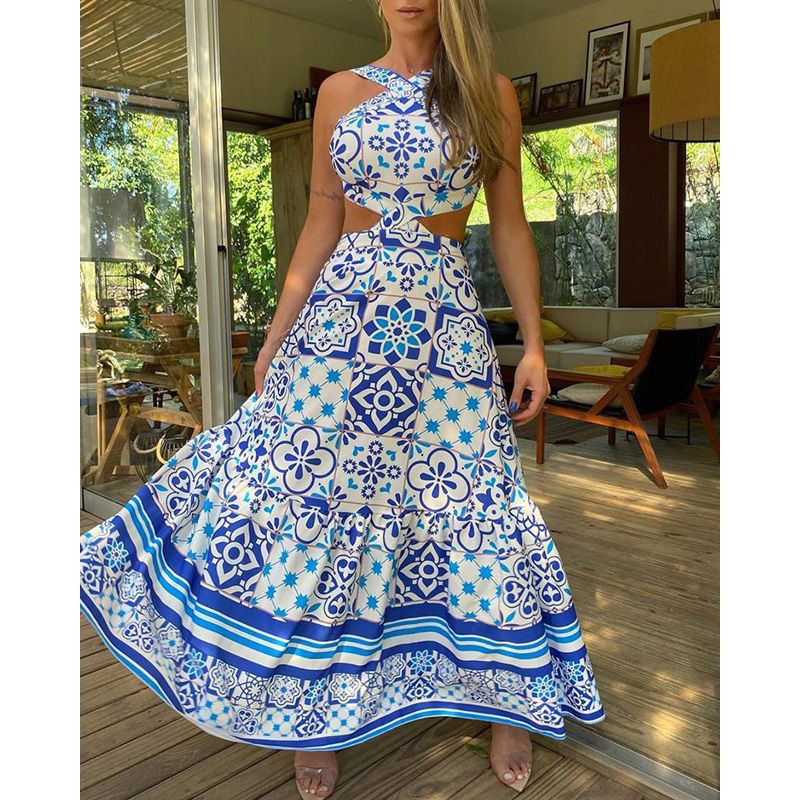Vintage Printed Dresses Summer Women Sleeveless Halter Long Dress A-Line Elegant Woman Pary Dress