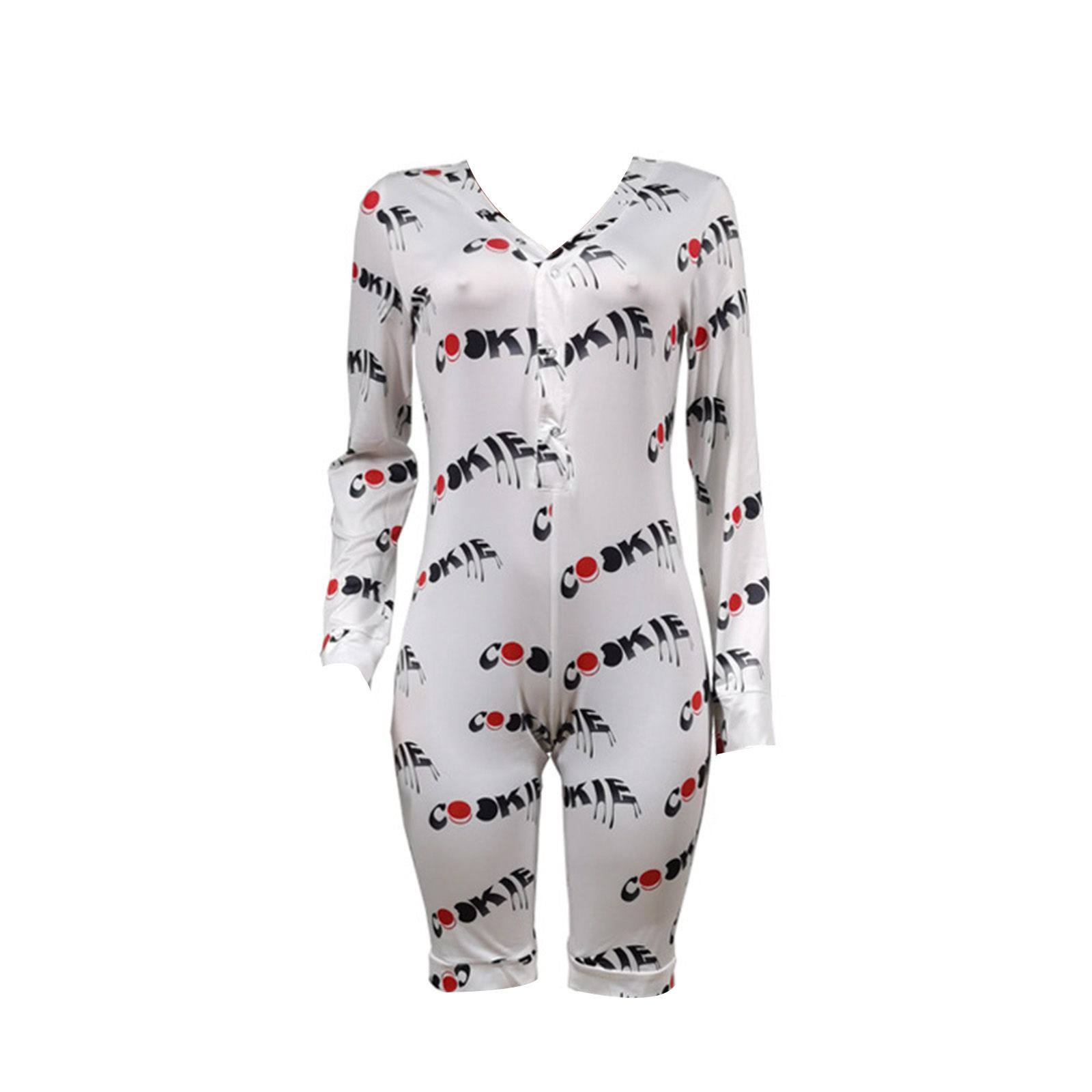 Women's One-Piece Suit, Print Long Sleeve V-neck Slim Button Playsuit for Party Travel