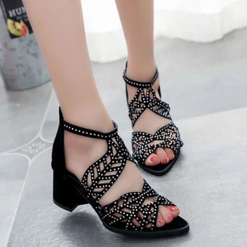 Women Sandals Fashion Elegant Party Shoes Zip Mid Square Cover Heel Platform Summer Sandals Women Sequined Shoes