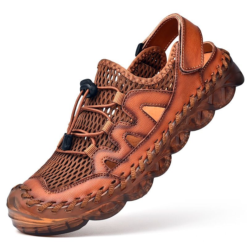 New Summer Breathable Men Shoes  Leather + Mesh Outdoor Sneakers Men Sandals Antiskid Beach Sandals Hollow Shoes Footwear
