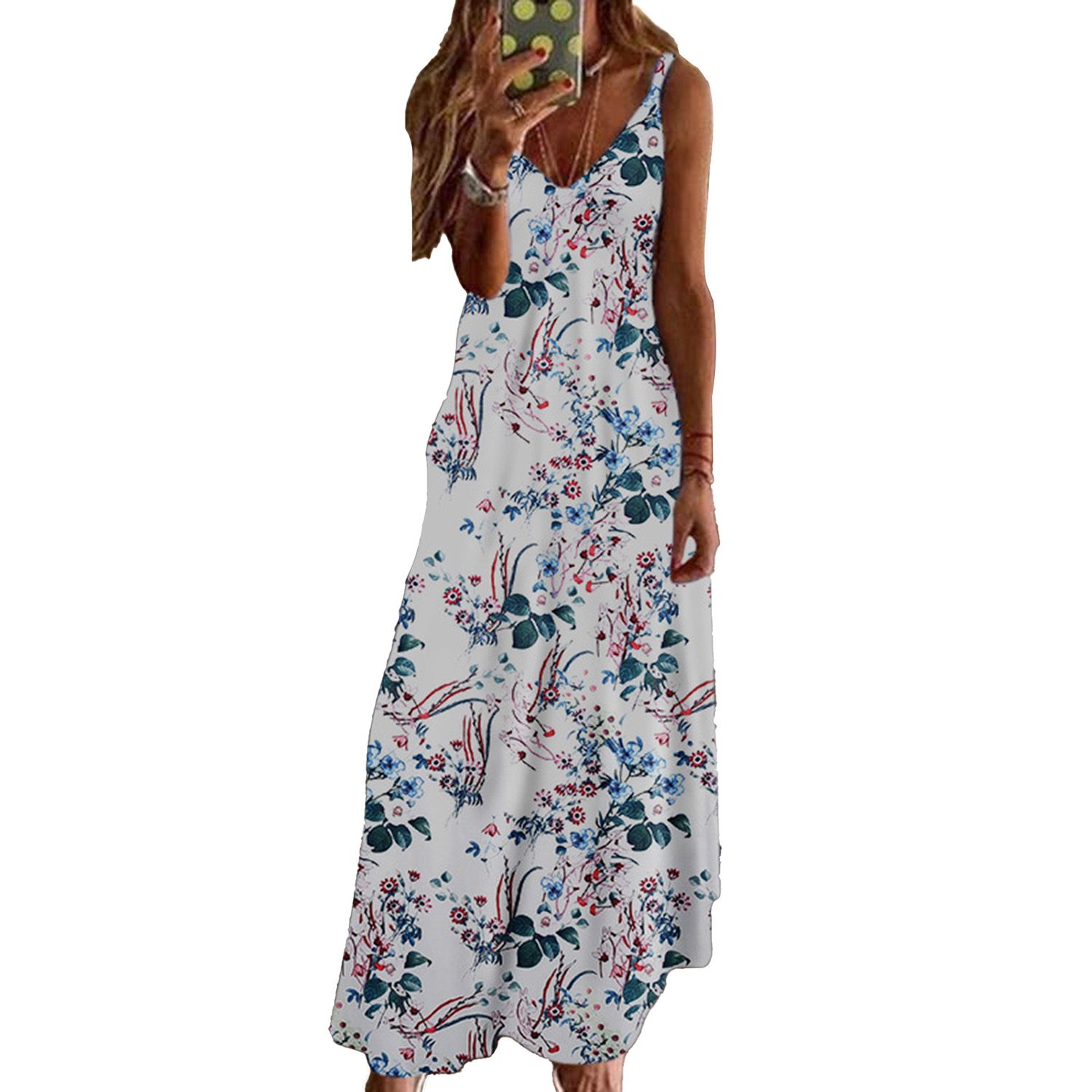 Maxi Dress Floral Print V Neck Women Spaghetti Strap Large Hem Dress for Dating