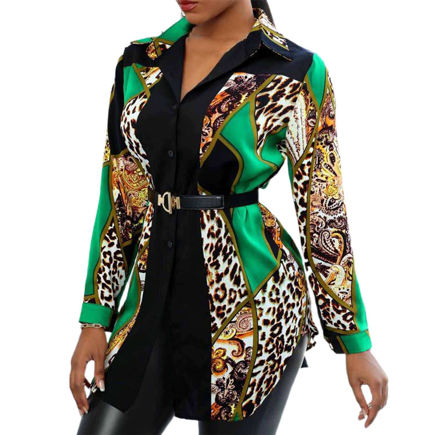 Women Shirt Turn-Down Collar Casual Simple Pt Contrast Shirt