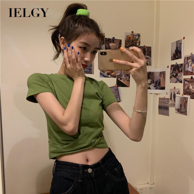 IELGY Round neck Slim Women's T-shirt Solid color Fashion High waist Korean version Short sleeve Top Pleated