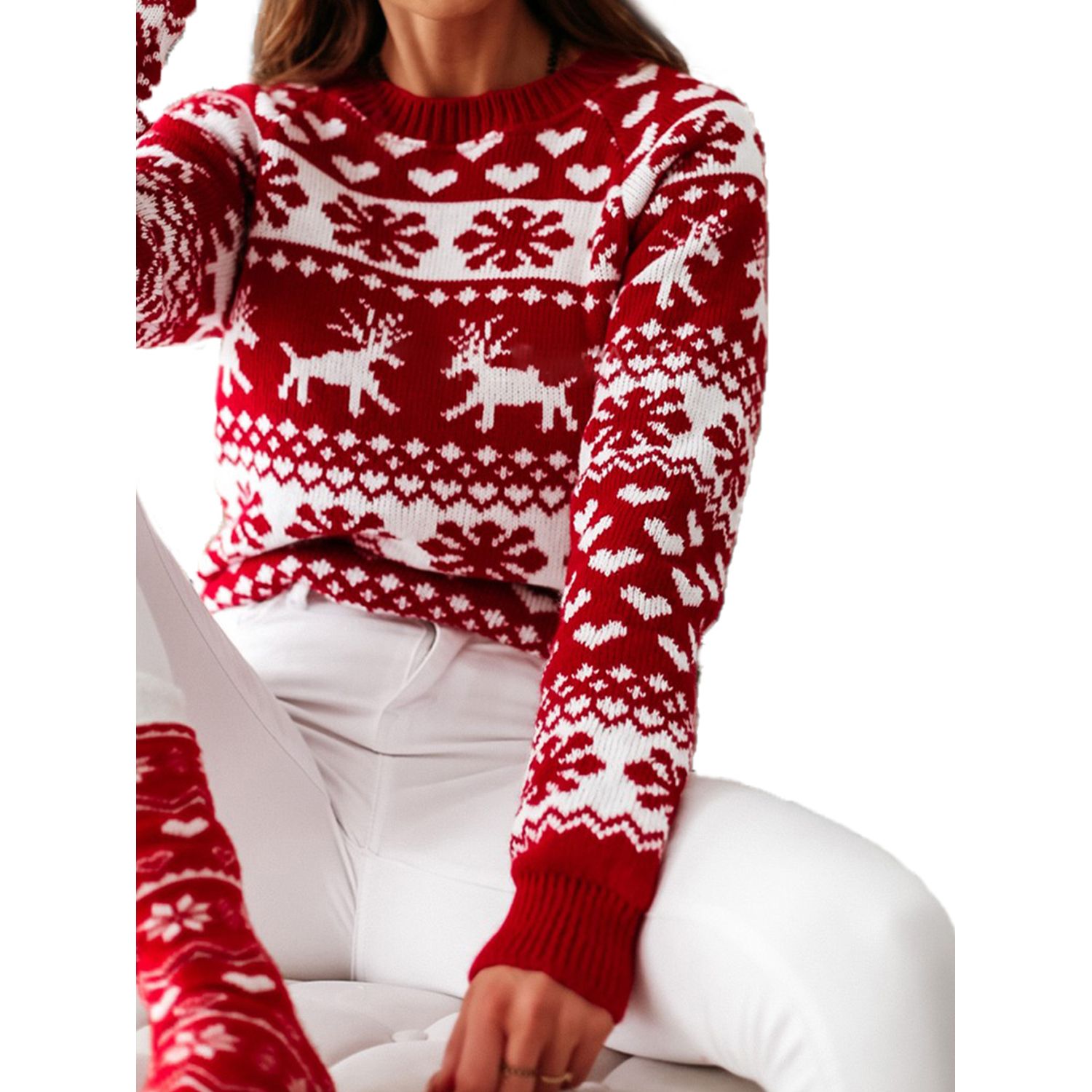 Female Sweater, Floral Print Round Neck Long Sleeve Knitted Sweater for Women, White/Red