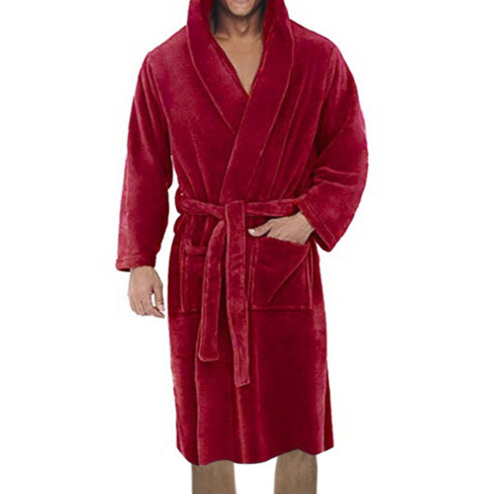 Pajamas Robe Pure Color Hooded Pockets Warm Men Nightgown