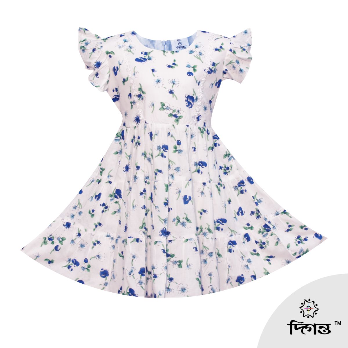 White Flower Print Frock For Girls