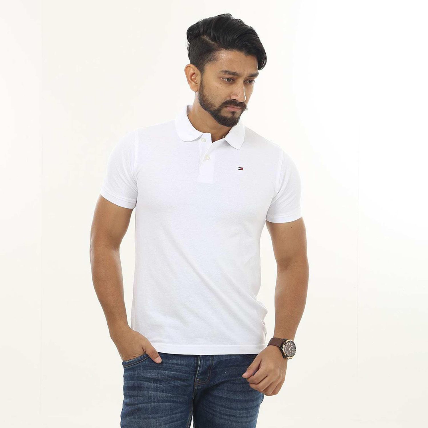 White Cotton Casual Polo Shirt for Men