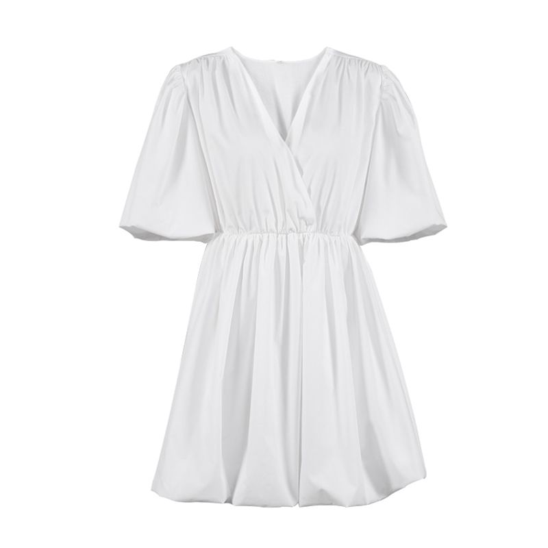 OOTN 2021 Fashion Casual Short Dresses Women Lantern Sleeve V-Neck Sexy Black Dress Summer Elegant Pleated A-Line Dress Ladies