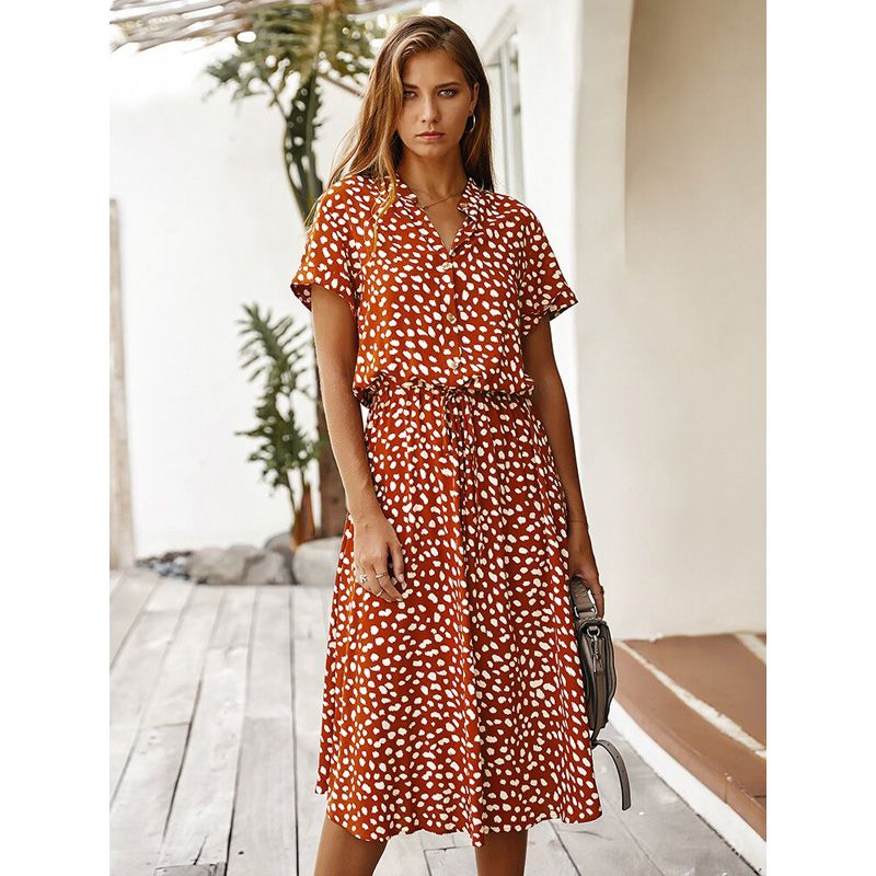 Fashion Ladies Boho Leopard Print Shirt Dress Women Casual Midi Holiday Summer Dress Female High Waist Beach Dresses