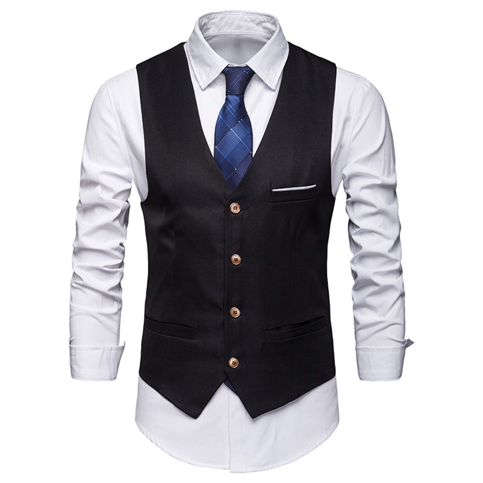 Sunnyheart  Pockets Removable White Strips Suit Vest Classic Solid Color Men Business Waistcoat Workwear For Men