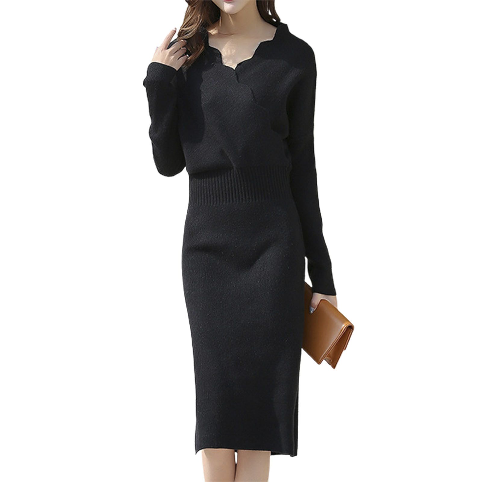 Pullover Knitted Dress High Waist Lace Neck Knitted Sweater Dress
