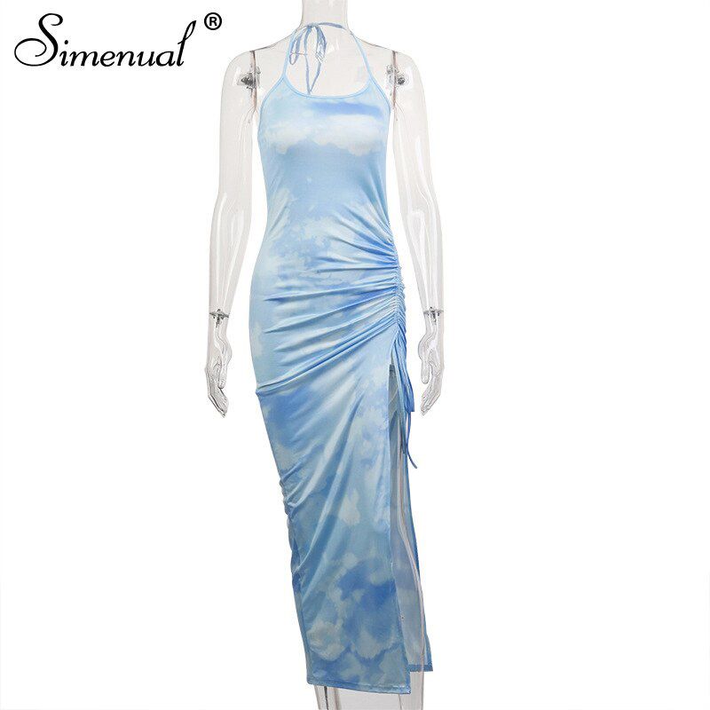 Tie Dye Drawstring Side Slit Women Maxi Dresses Strap Sleeveless Party Club Fashion Slim Backelss Bodycon Halter Dress