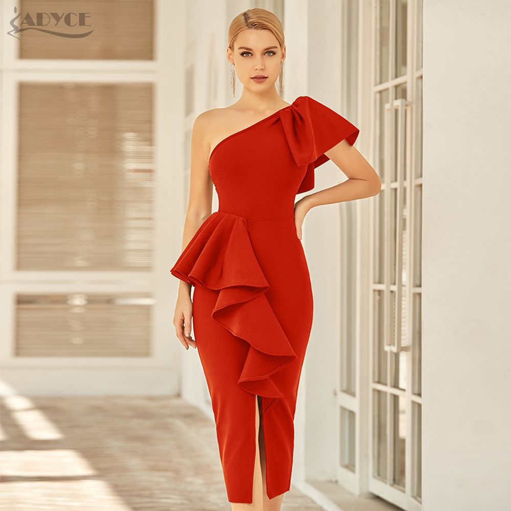 Adyce 2021 New Summer Women Black One Shoulder Short Sleeve Club Bodycon Bandage Dress Sexy Ruffles Celebrity Runway Party Dress