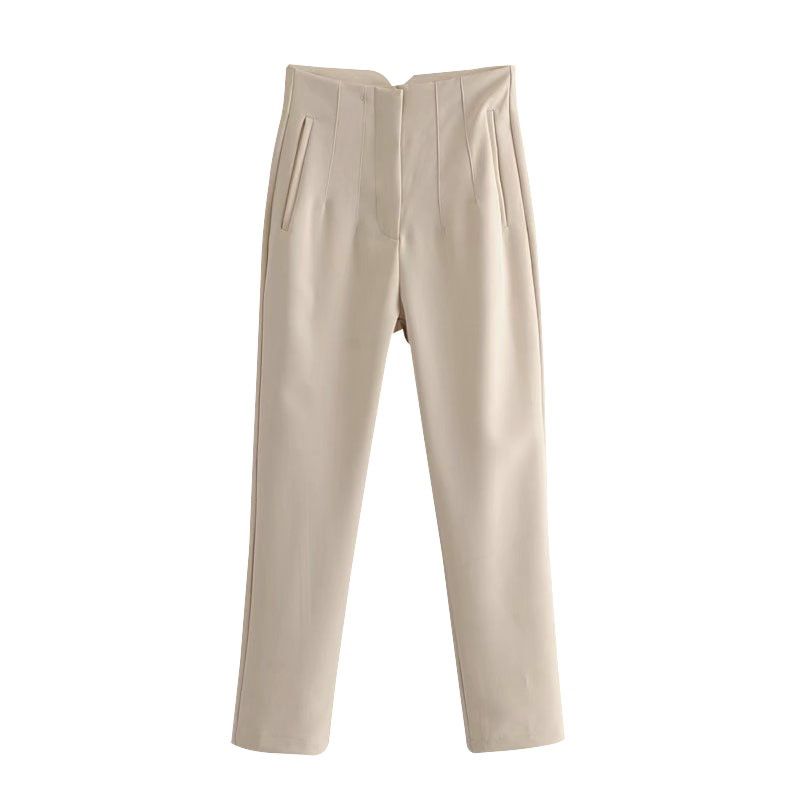 Women Fashion Side Pockets Seam Detail Office Wear Pants Vintage High Waist Zipper Fly Female Ankle Trousers Mujer