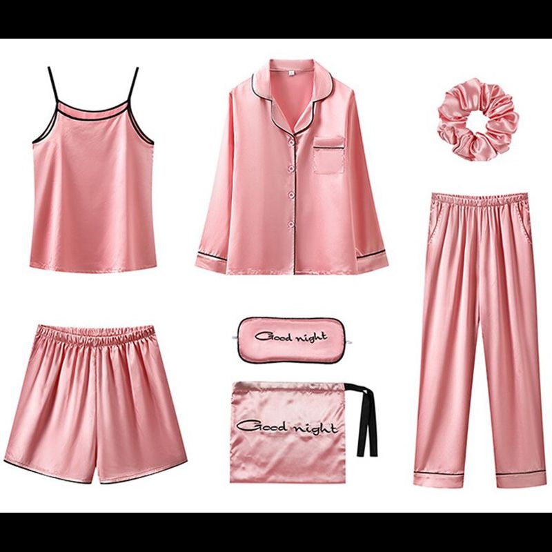 7 Pieces Women Pajamas Set Soft Pyjama Spring Autumn Female Nightwear Solid Faux Silk Shorts Homewear