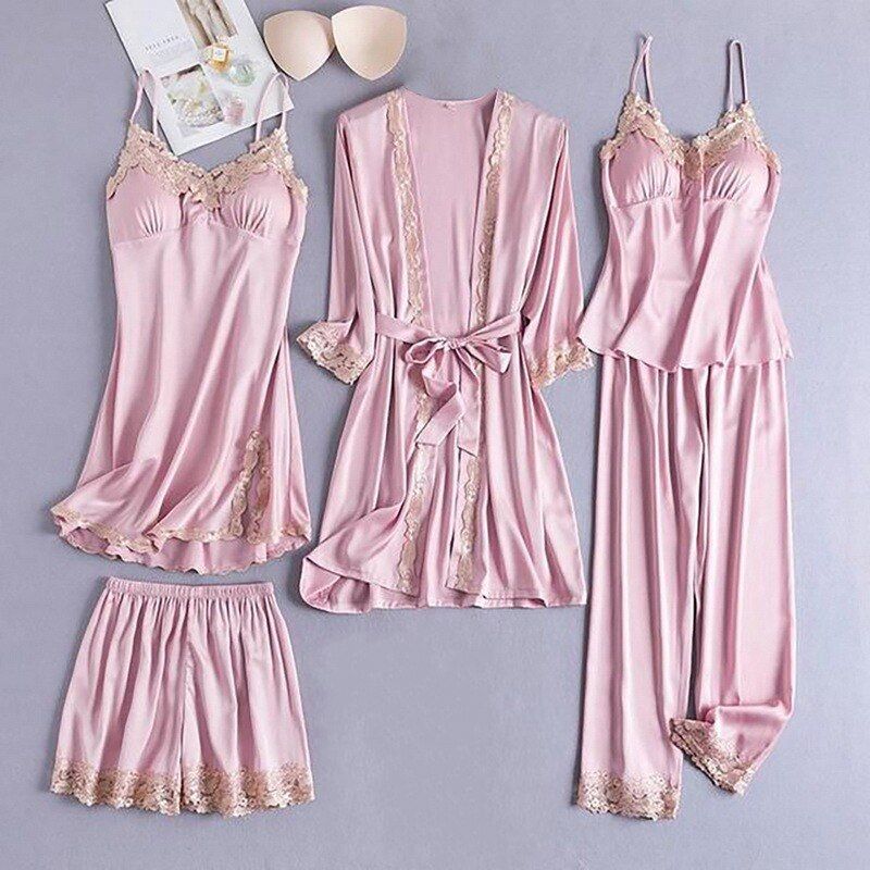 Women Pajamas 5PCS Pajamas Sets Satin Sleepwear Pijama Silk Home Wear Clothing y Lace Sleep Lounge Pyjamas with ChPads